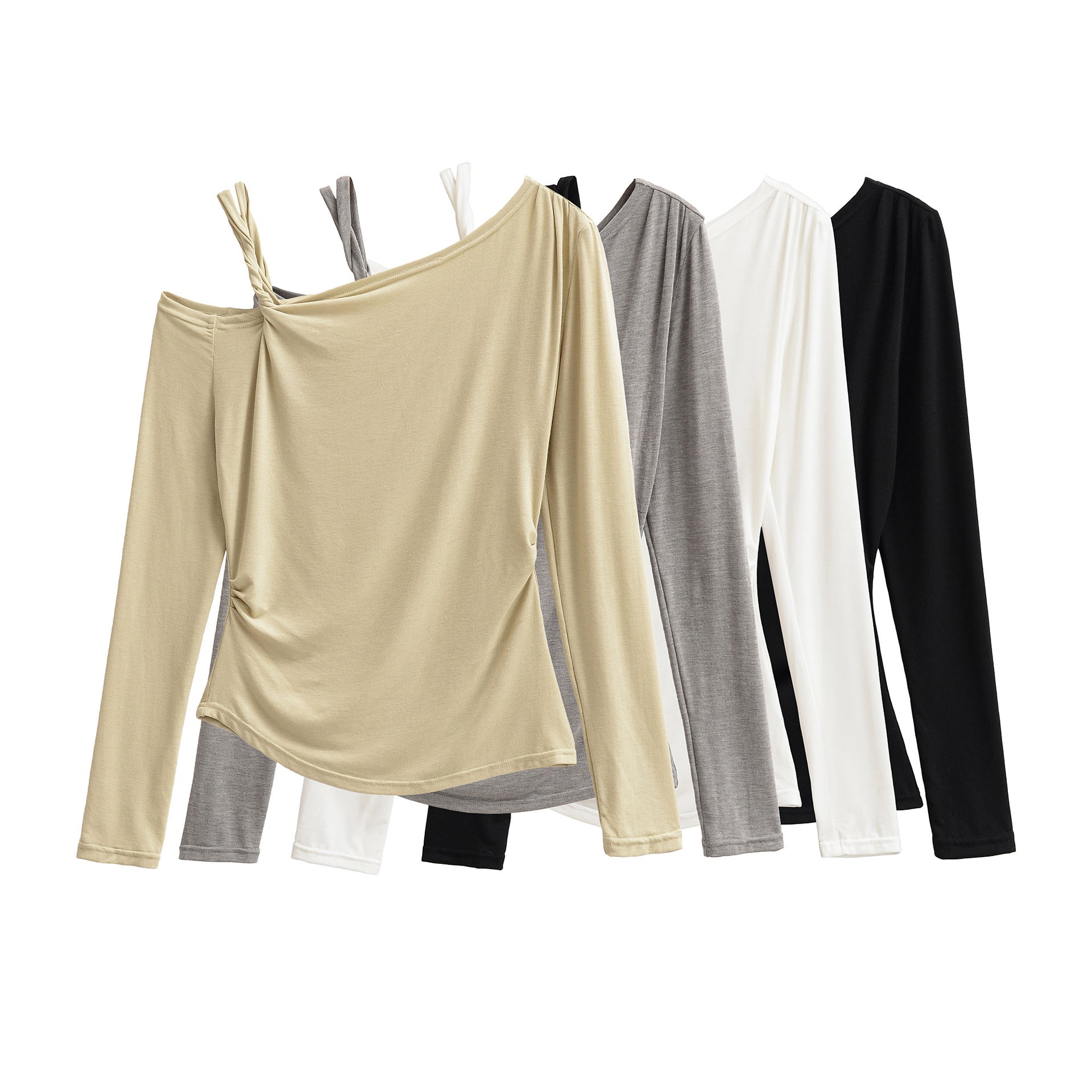 Slant neck twisted off shoulder pleated casual long sleeved base T-shirt