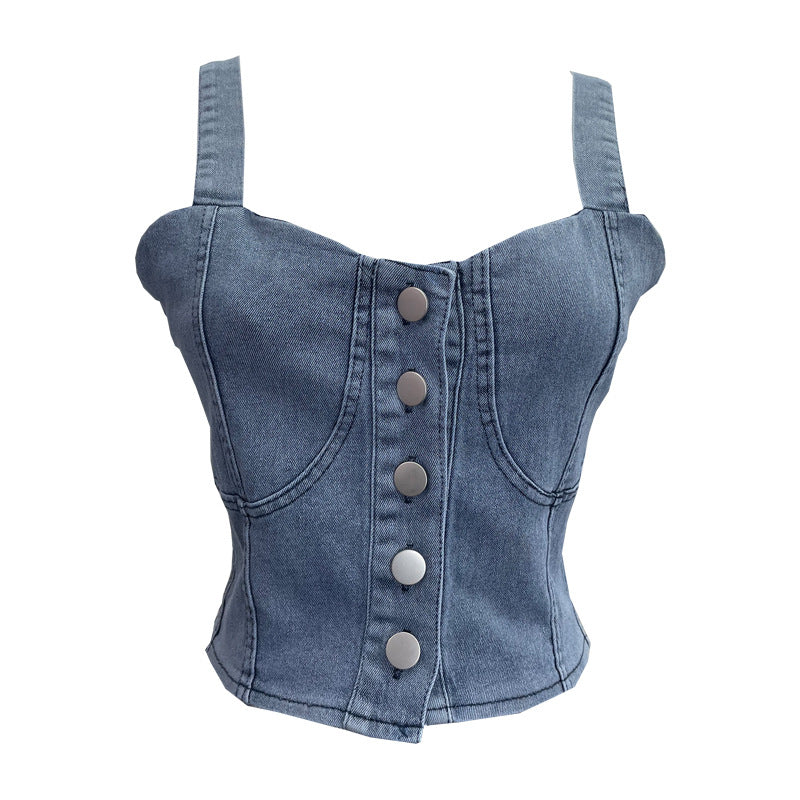 Single breasted short crop top with exposed navel slim fit sleeveless top
