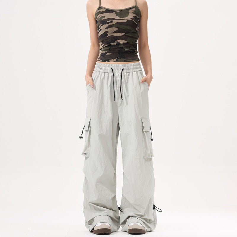 Multi-Pocket Utility Tapered Pants for Men and Women High-Waisted Floor-Length Casual Trousers