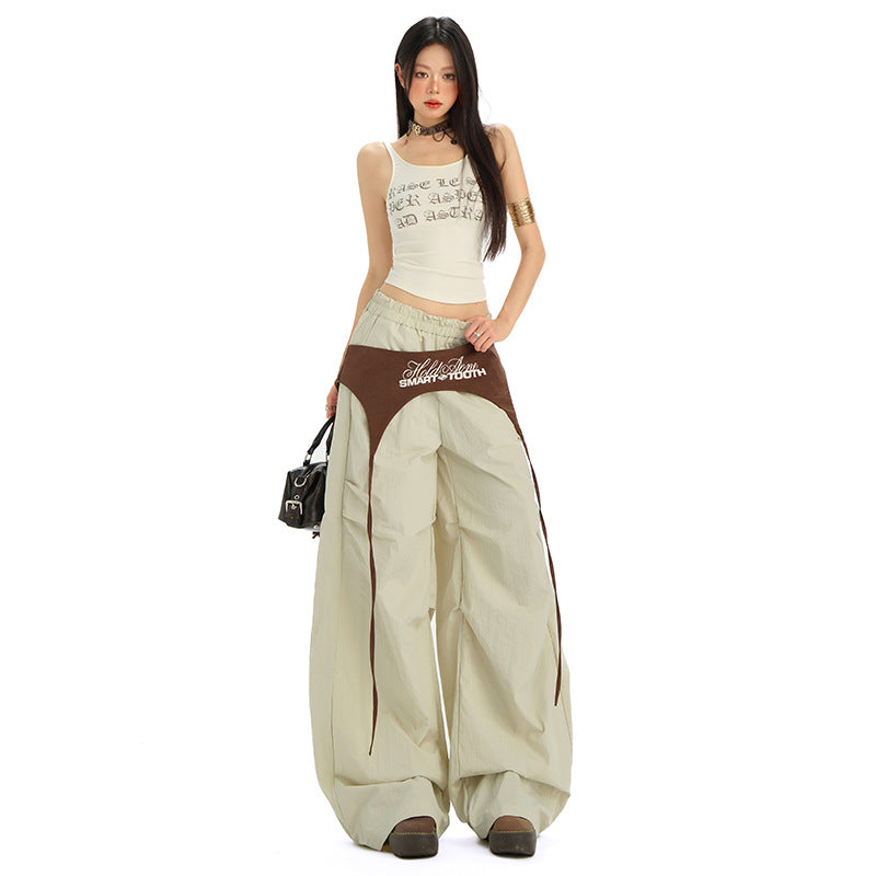 Women's Color-Blocked Tie-Up Oversized Loose Wide-Leg Pants Hip-Hop Quick-Dry Dance Casual Pants