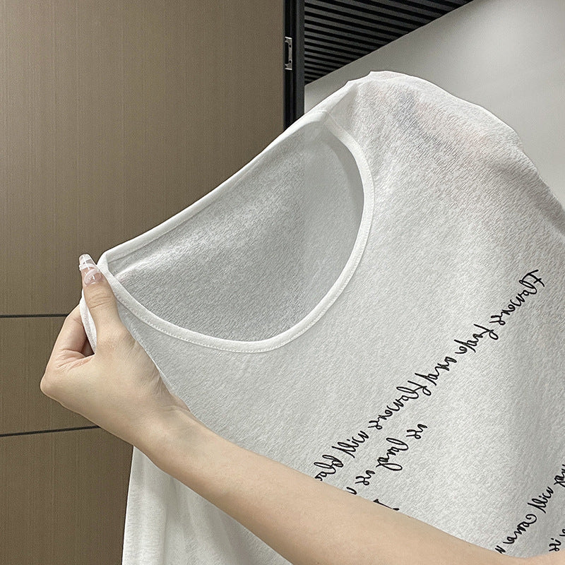 Black Thin Micro-Transparent Sunscreen Hoodie Long Sleeve T-Shirt Women's Letter Print Loose Lazy Style Top