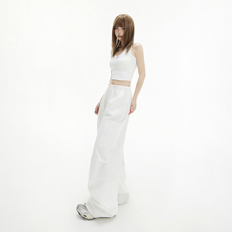 Pants for Women White High Waist Straight Loose Slim Fit Drawstring Casual Pants