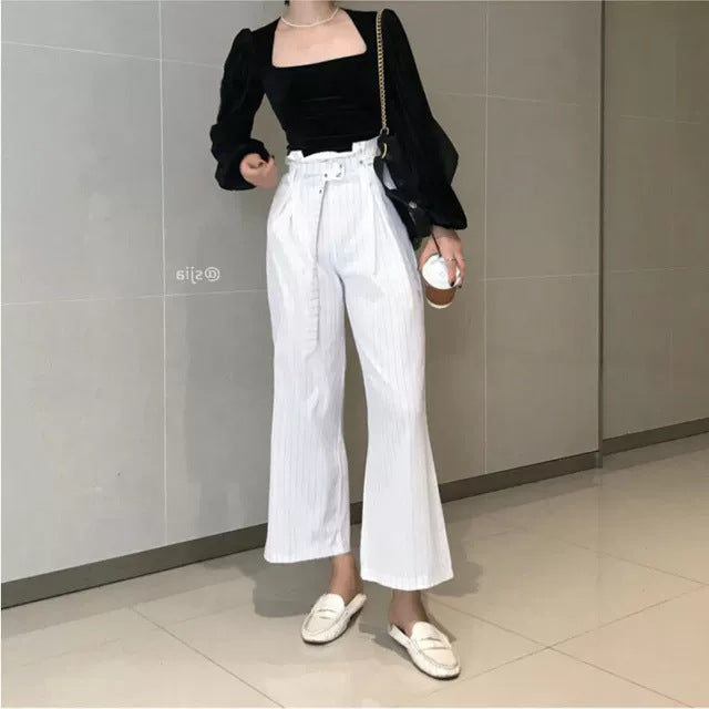 Style Off-Shoulder Fitted Black Square Neck Bubble Sleeve Velvet Blouse Women's Royal Style Long Sleeve Top