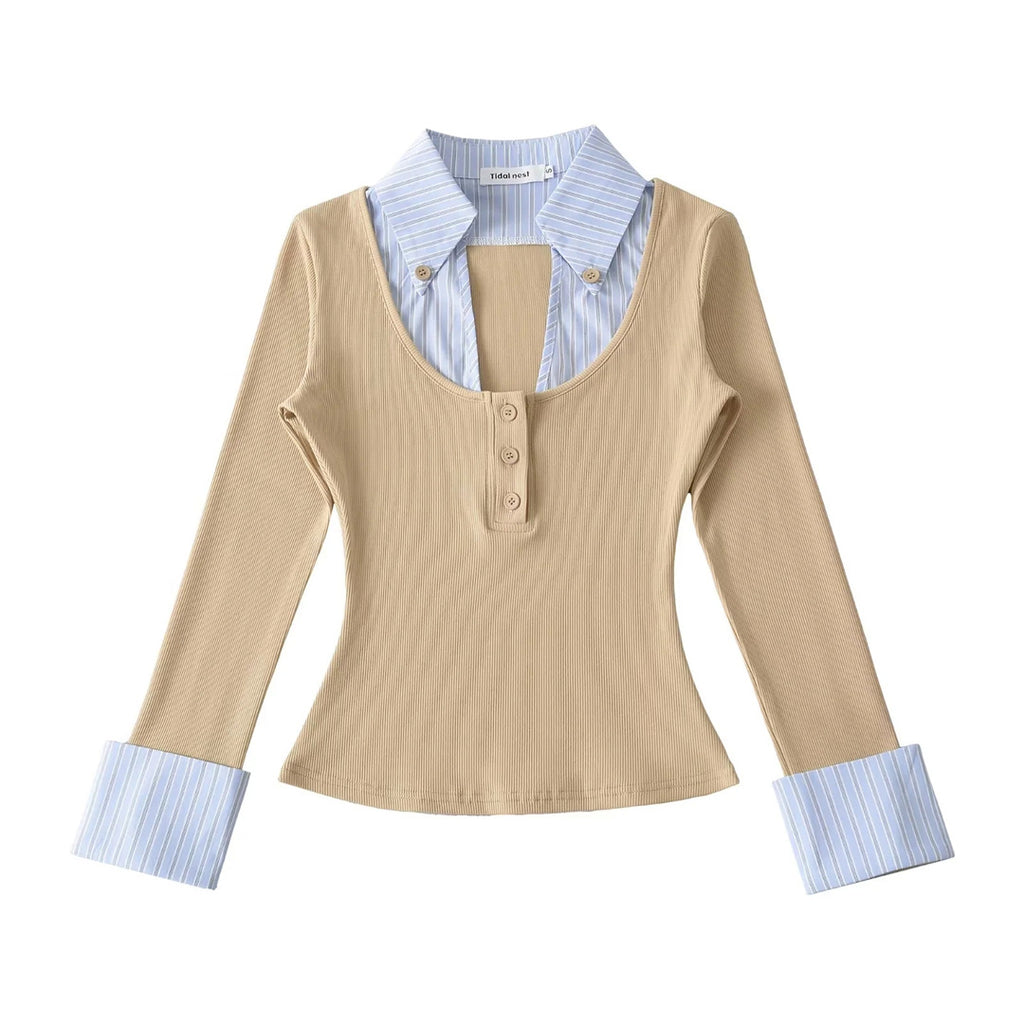 Spring Fake Two-Piece Turn-Down Collar Spliced Stripe Color-Blocking Three-Quarter Sleeve T-Shirt Fitted Waist-In Top