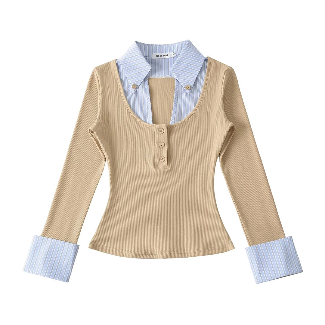 Spring Fake Two-Piece Turn-Down Collar Spliced Stripe Color-Blocking Three-Quarter Sleeve T-Shirt Fitted Waist-In Top