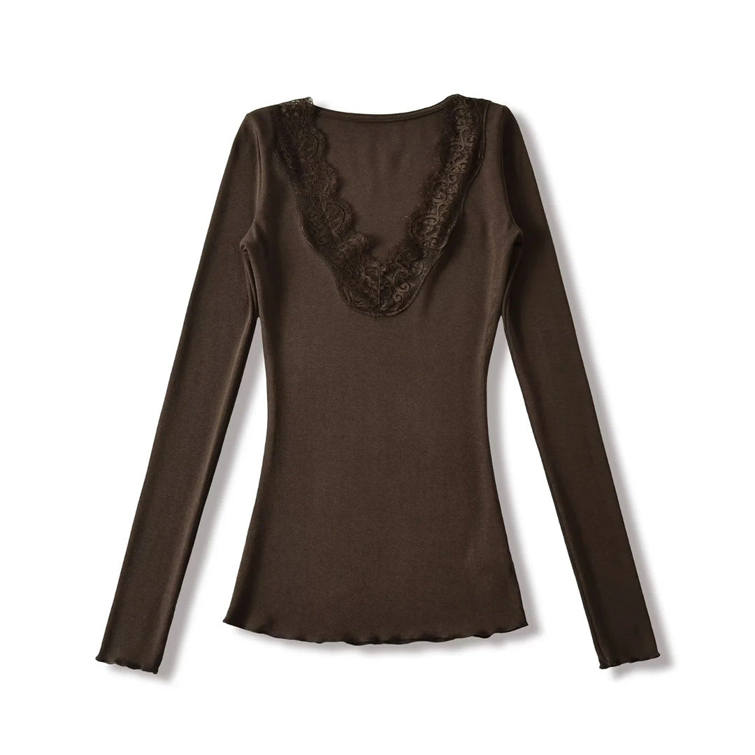 Pure Desire Style Sexy Lace Patchwork V-Neck Long Sleeve T-Shirt for Women  Vintage Fitted Inner Layer Basic Top Solid Color