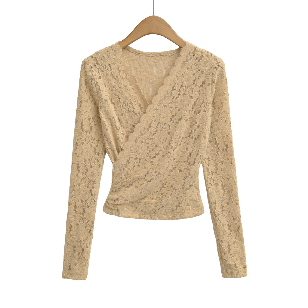 V-neck brushed lace outerwear short top T-shirt