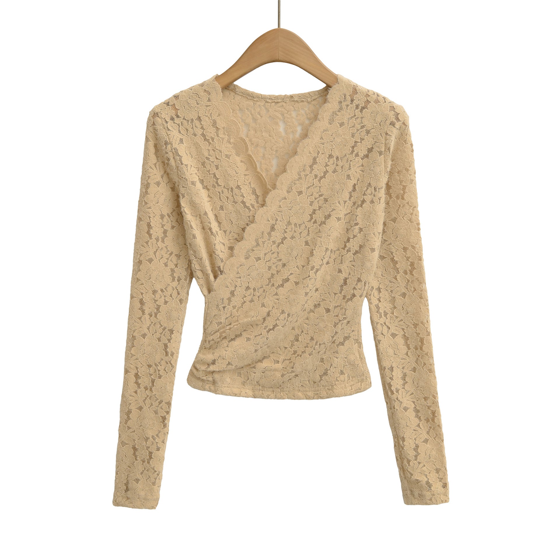 V-neck brushed lace outerwear short top T-shirt