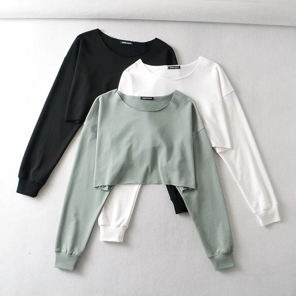 Solid color rolled edge long sleeved casual loose sweatshirt long sleeved short cut round neck sweatshirt