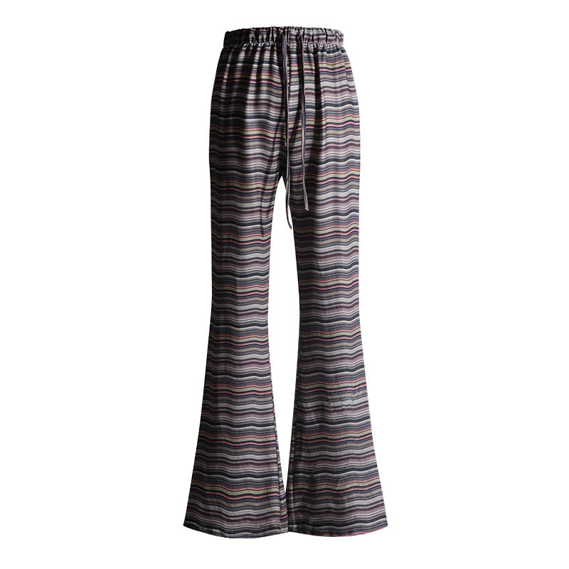 Women's Street Color Block Striped Brown Drawstring Slimming Flared Casual Trousers