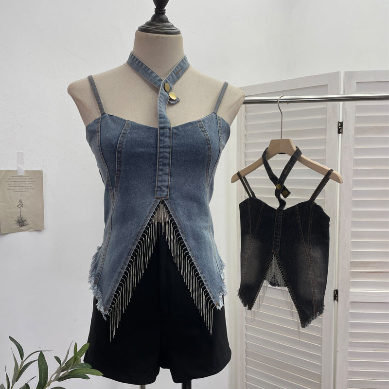 Hanging neck slim fit tassel irregular sleeveless top