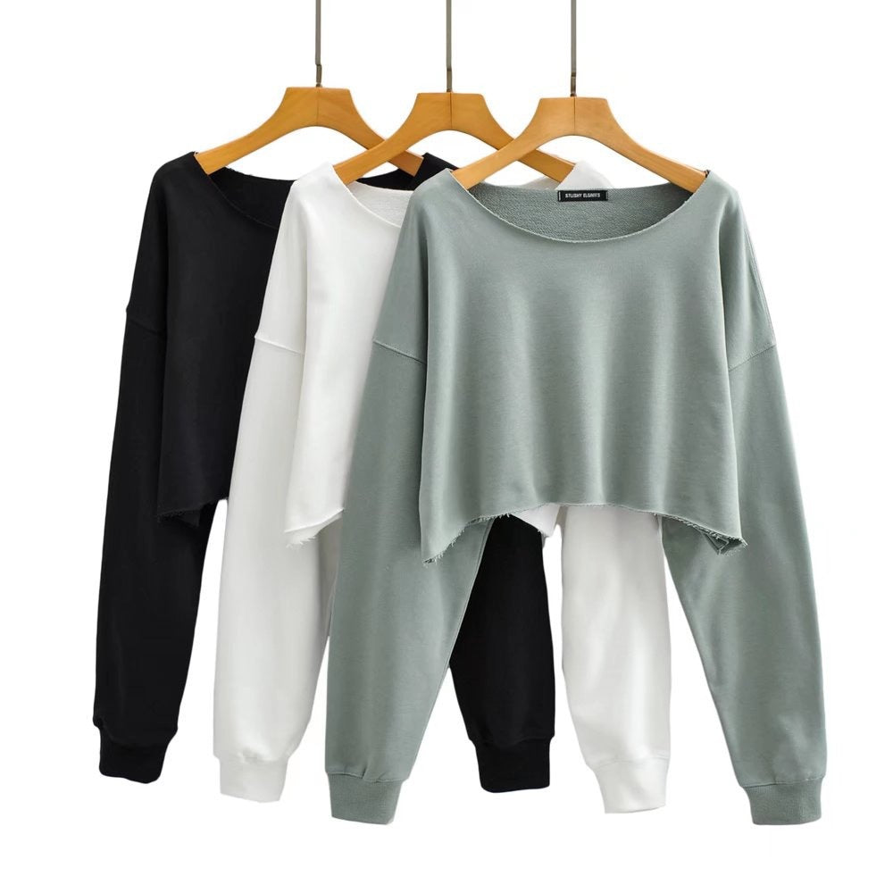 Solid color rolled edge long sleeved casual loose sweatshirt long sleeved short cut round neck sweatshirt