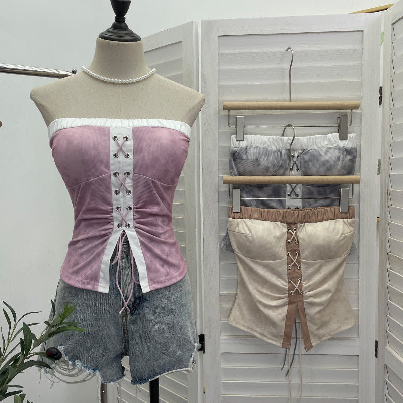 Tie dye strapless lace up top for women