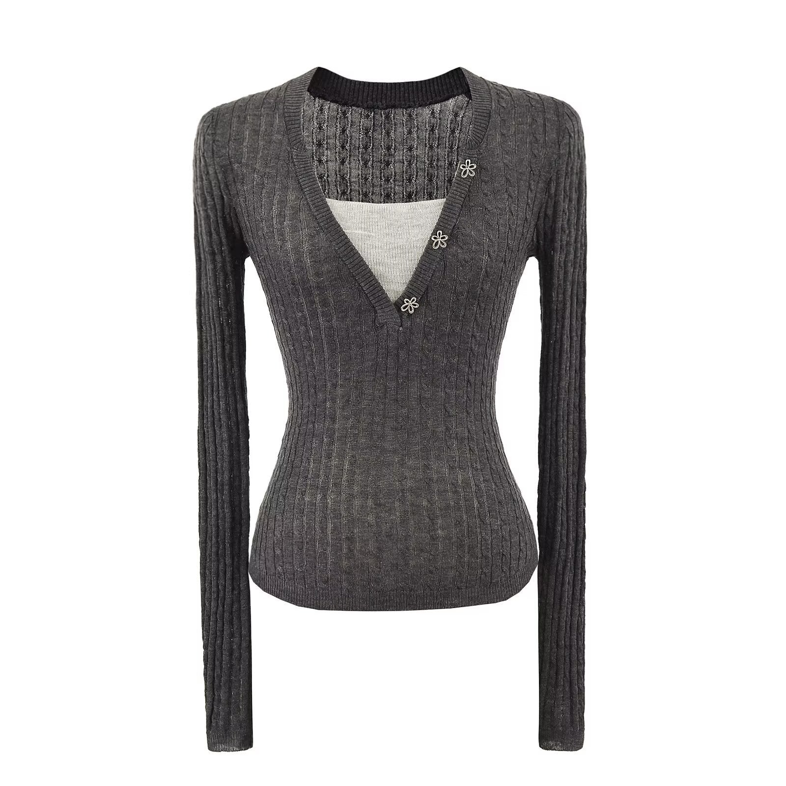 Flower button twisted flower V-neck long sleeved top