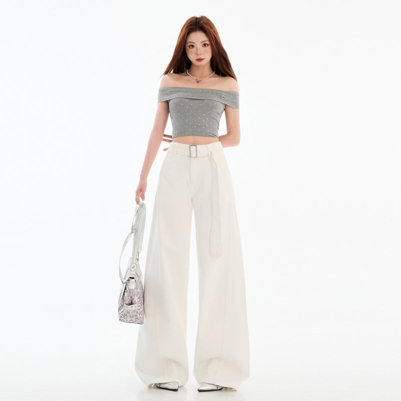 White Wide-Leg Knife-Edge Denim Pants for Women Loose Fit