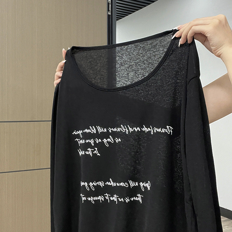 Black Thin Micro-Transparent Sunscreen Hoodie Long Sleeve T-Shirt Women's Letter Print Loose Lazy Style Top