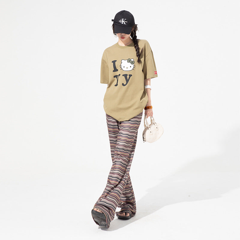 Women's Street Color Block Striped Brown Drawstring Slimming Flared Casual Trousers