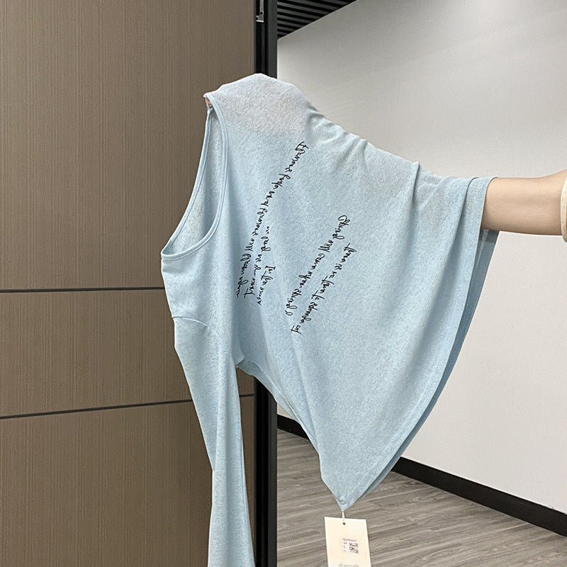 Black Thin Micro-Transparent Sunscreen Hoodie Long Sleeve T-Shirt Women's Letter Print Loose Lazy Style Top