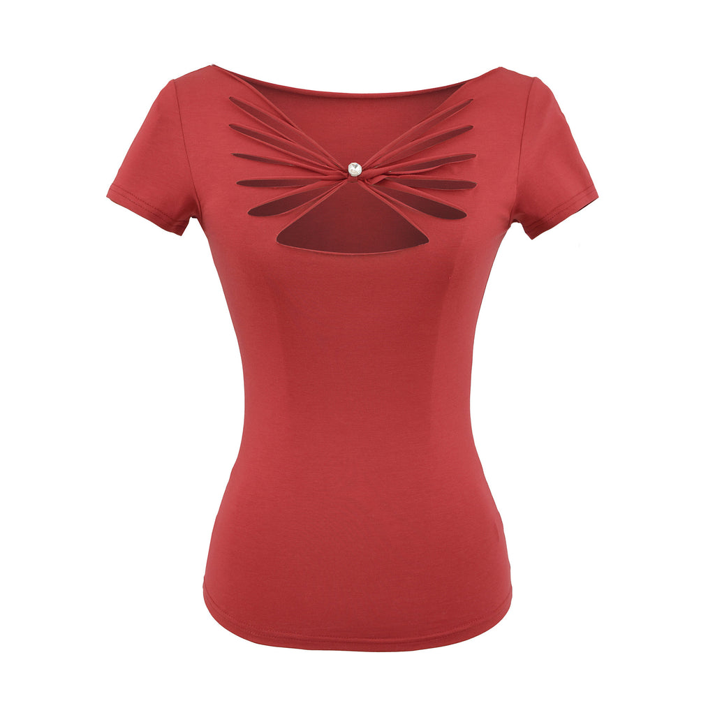 Butterfly hollow V-neck short sleeved T-shirt top