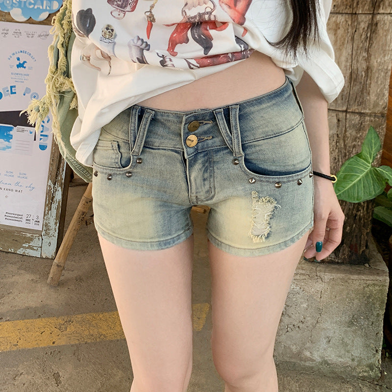 Low-Waist Stud Denim Ultra-Short Pants Summer Skinny Bodycon Fitted Ripped Hot Pants