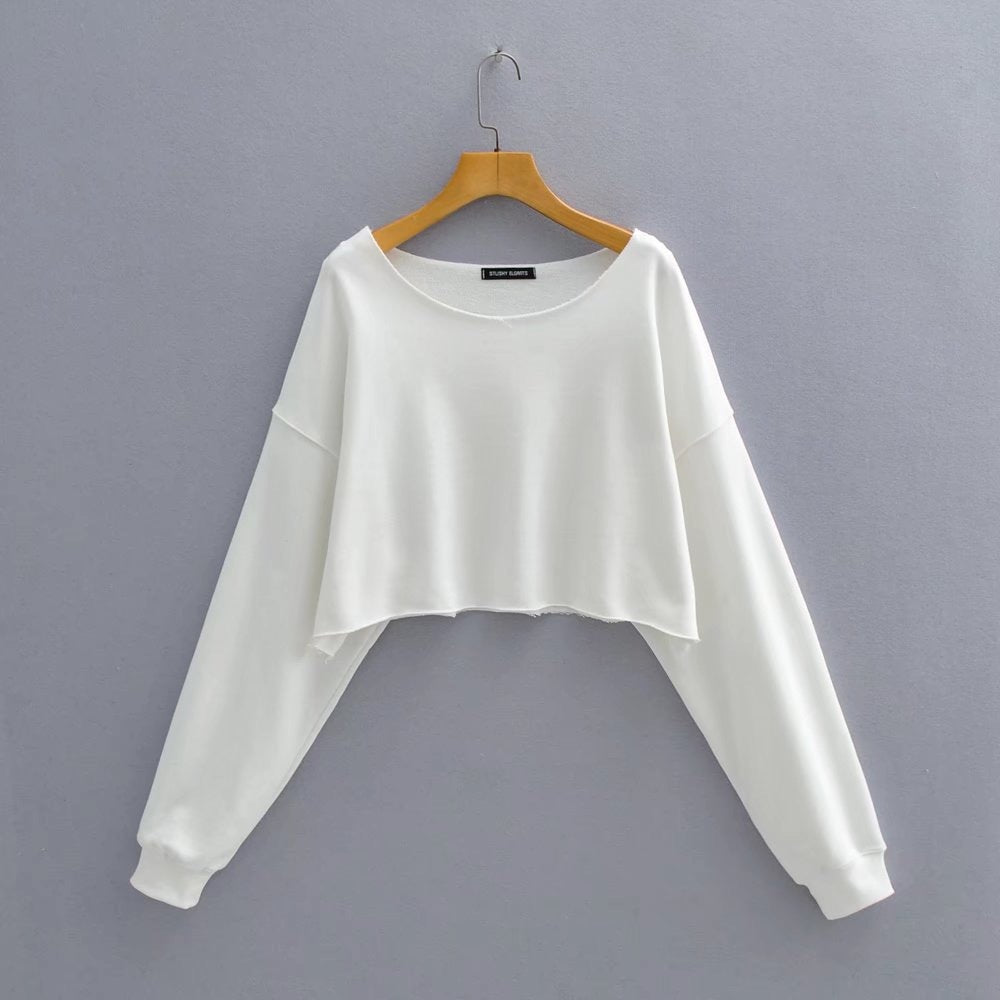 Solid color rolled edge long sleeved casual loose sweatshirt long sleeved short cut round neck sweatshirt
