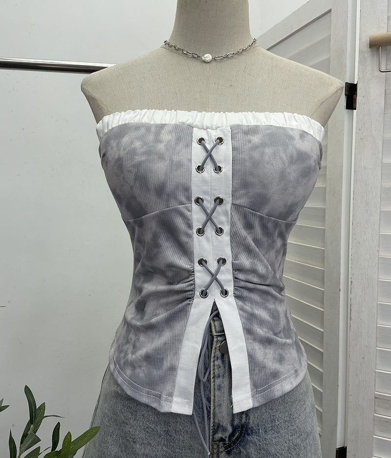 Tie dye strapless lace up top for women