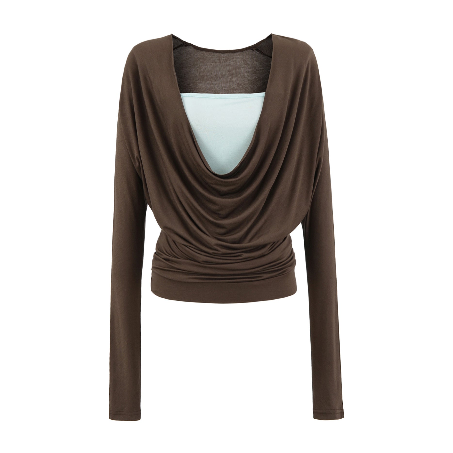 Swing collar contrasting fake two piece long sleeved top