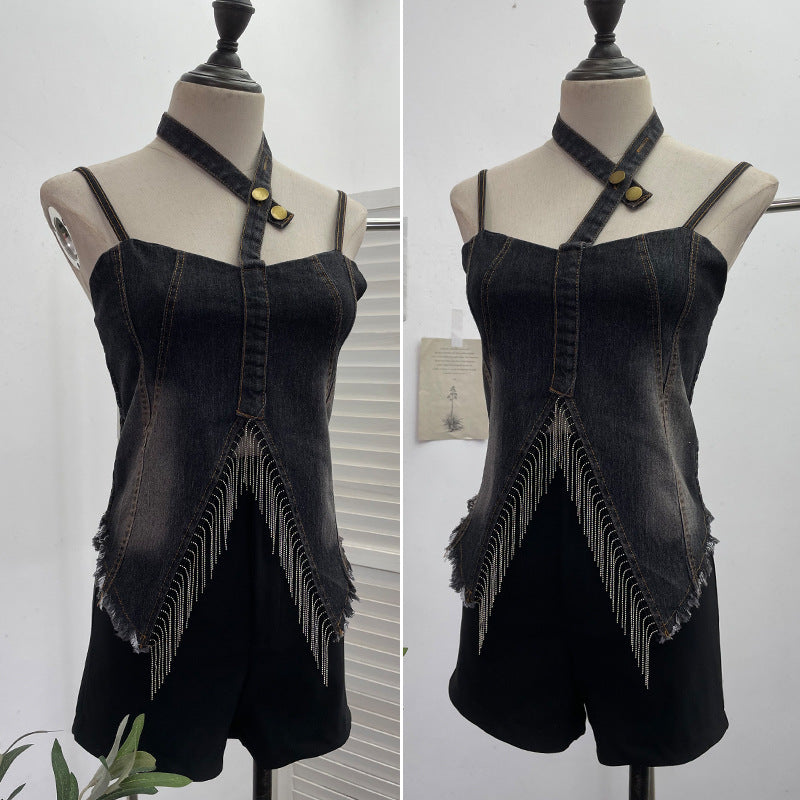 Hanging neck slim fit tassel irregular sleeveless top
