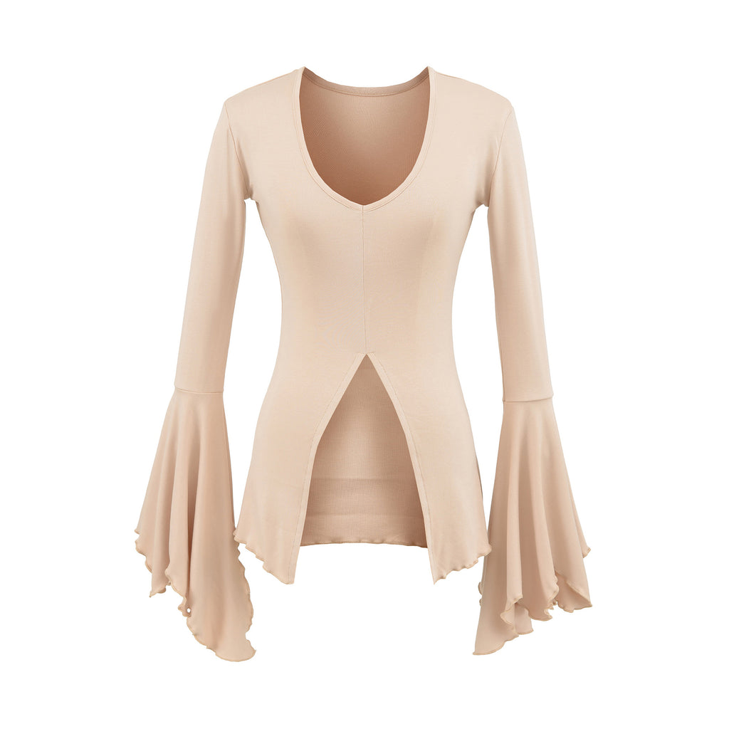 Sexy V-neck flared sleeves split bottom top T-shirt