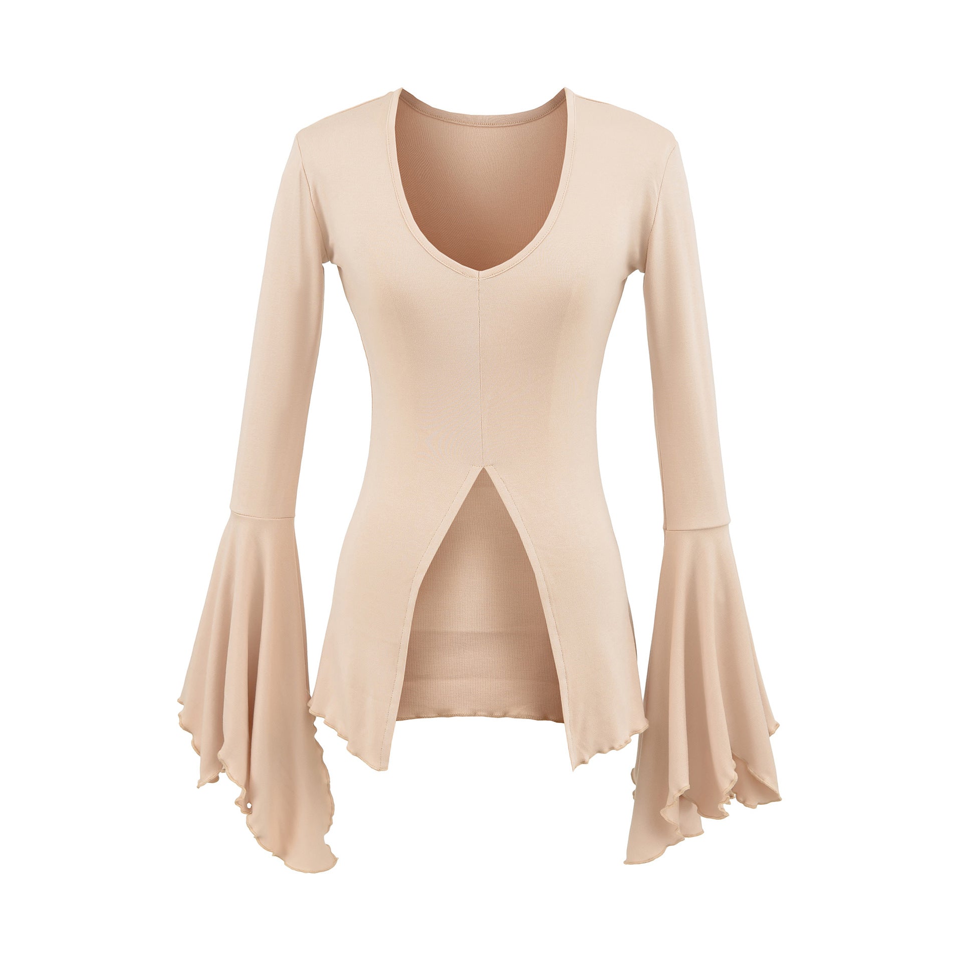 Sexy V-neck flared sleeves split bottom top T-shirt