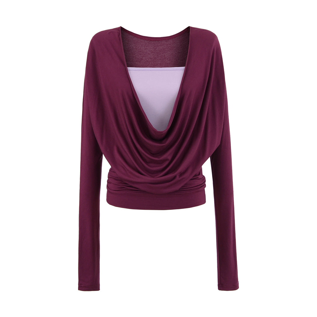 Swing collar contrasting fake two piece long sleeved top