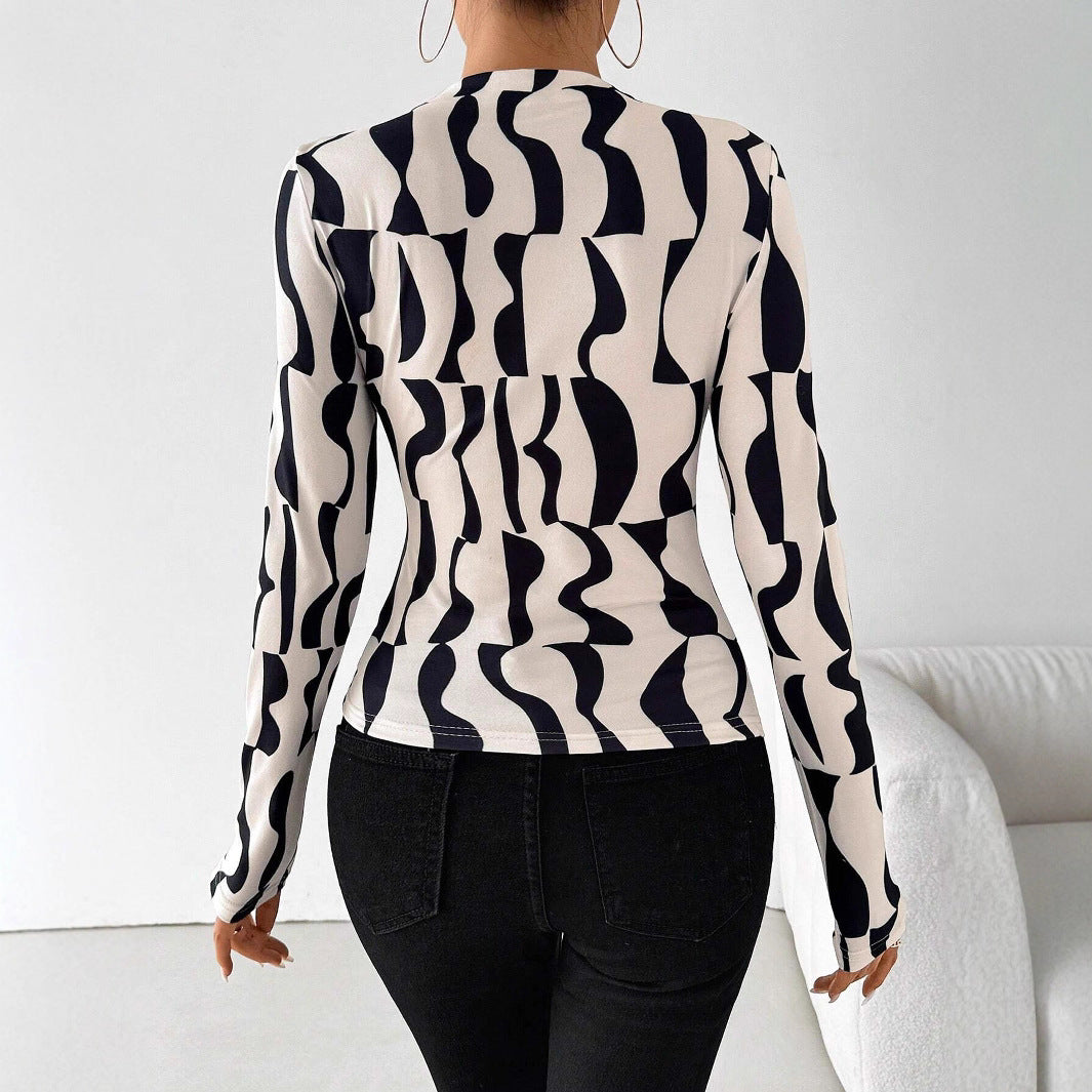 Wrinkled edge printed slim fit top for women