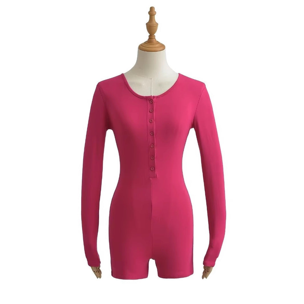 Single-breasted round-neck slim-fitting solid-color long-sleeved jumpsuit