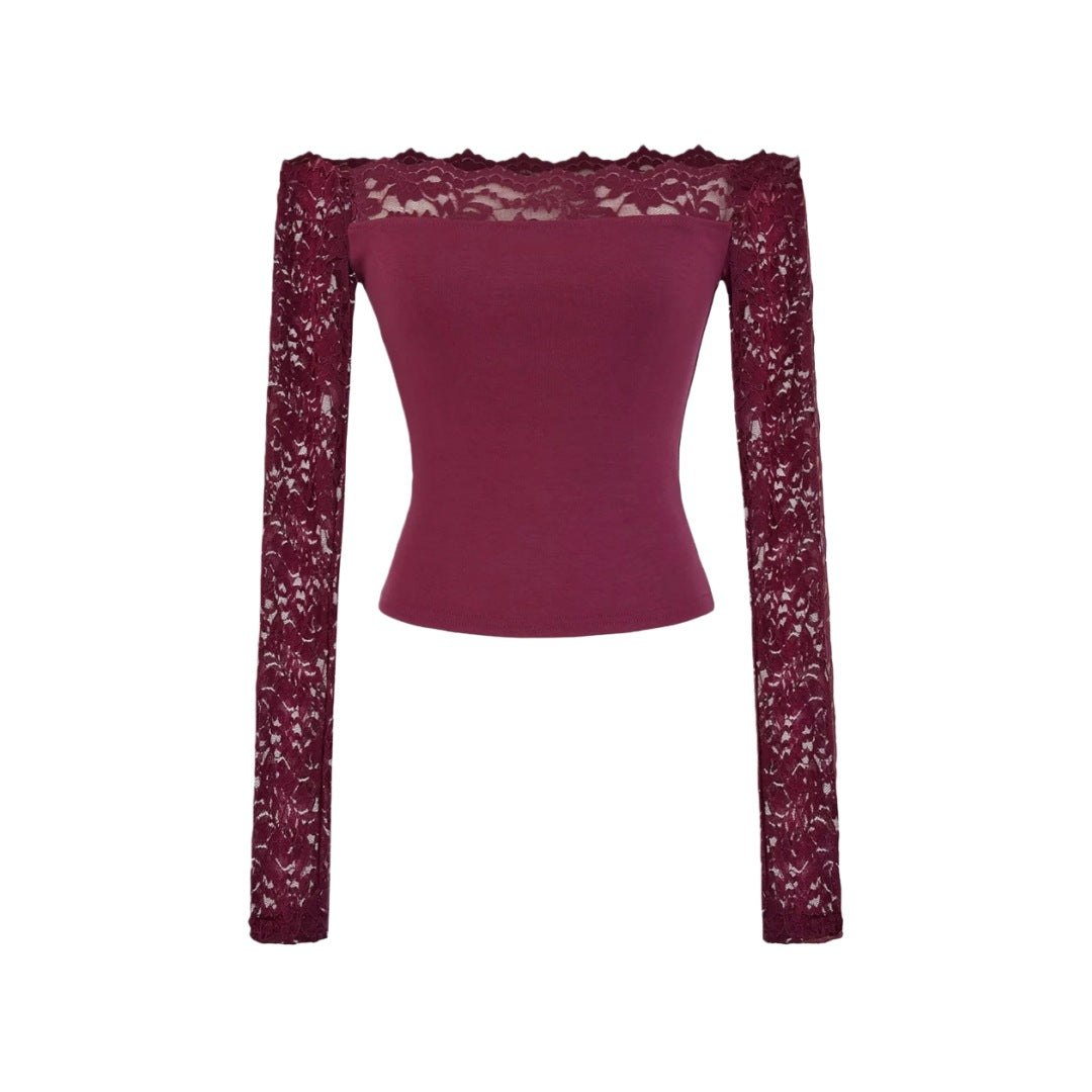 Lace Off-Shoulder Long Sleeve T-Shirt for Women, Sexy Hollow Out Fitted Crop Top, Pure Desire Style, Unique Streetwear Design
