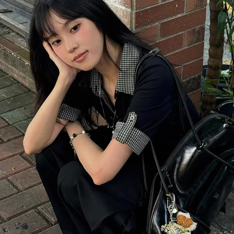 College Style Short Sleeve Women's Summer Color Block Plaid Fake Two-Piece Fitted T-Shirt Sweet and Spicy Top