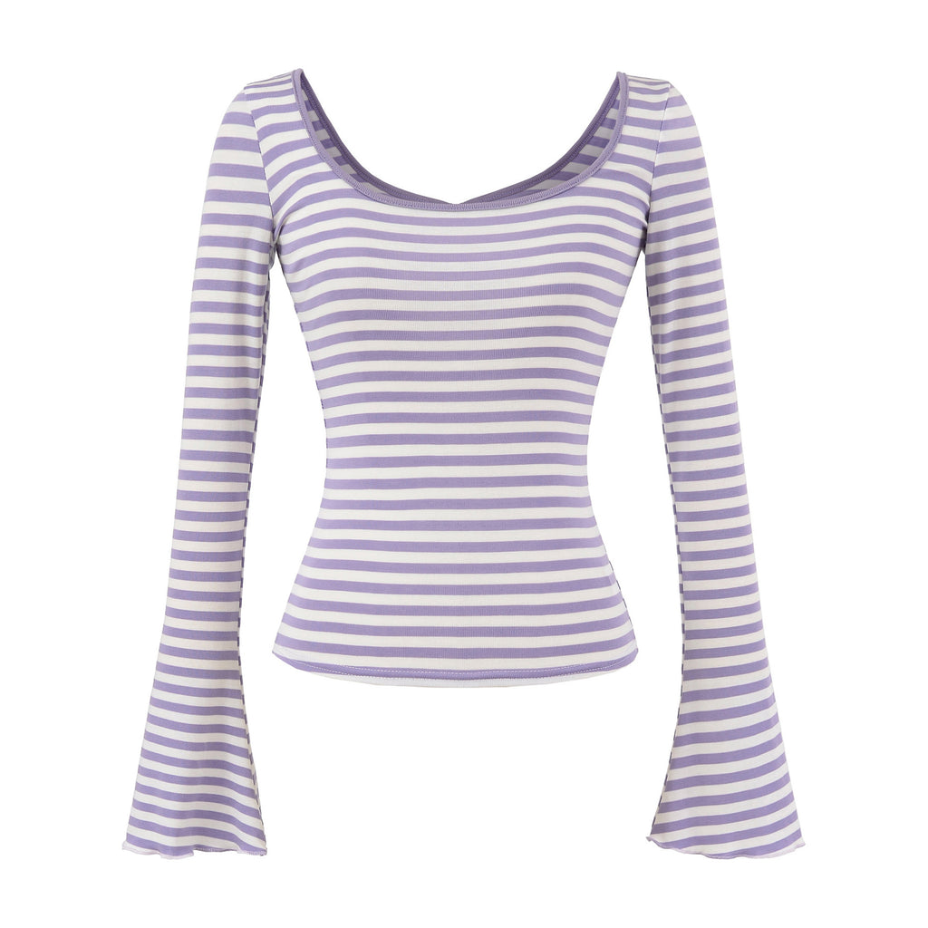 U-neck striped long sleeved elastic T-shirt tight top