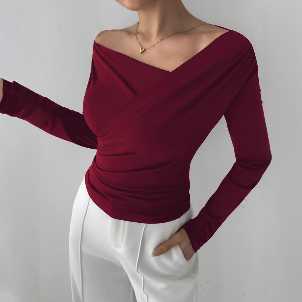 Solid color slanted shoulder collar off shoulder long sleeved shirt