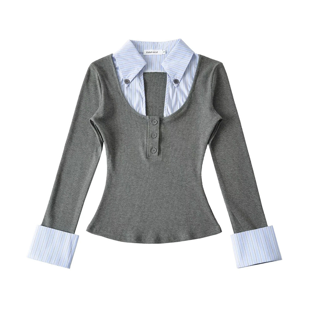 Spring Fake Two-Piece Turn-Down Collar Spliced Stripe Color-Blocking Three-Quarter Sleeve T-Shirt Fitted Waist-In Top