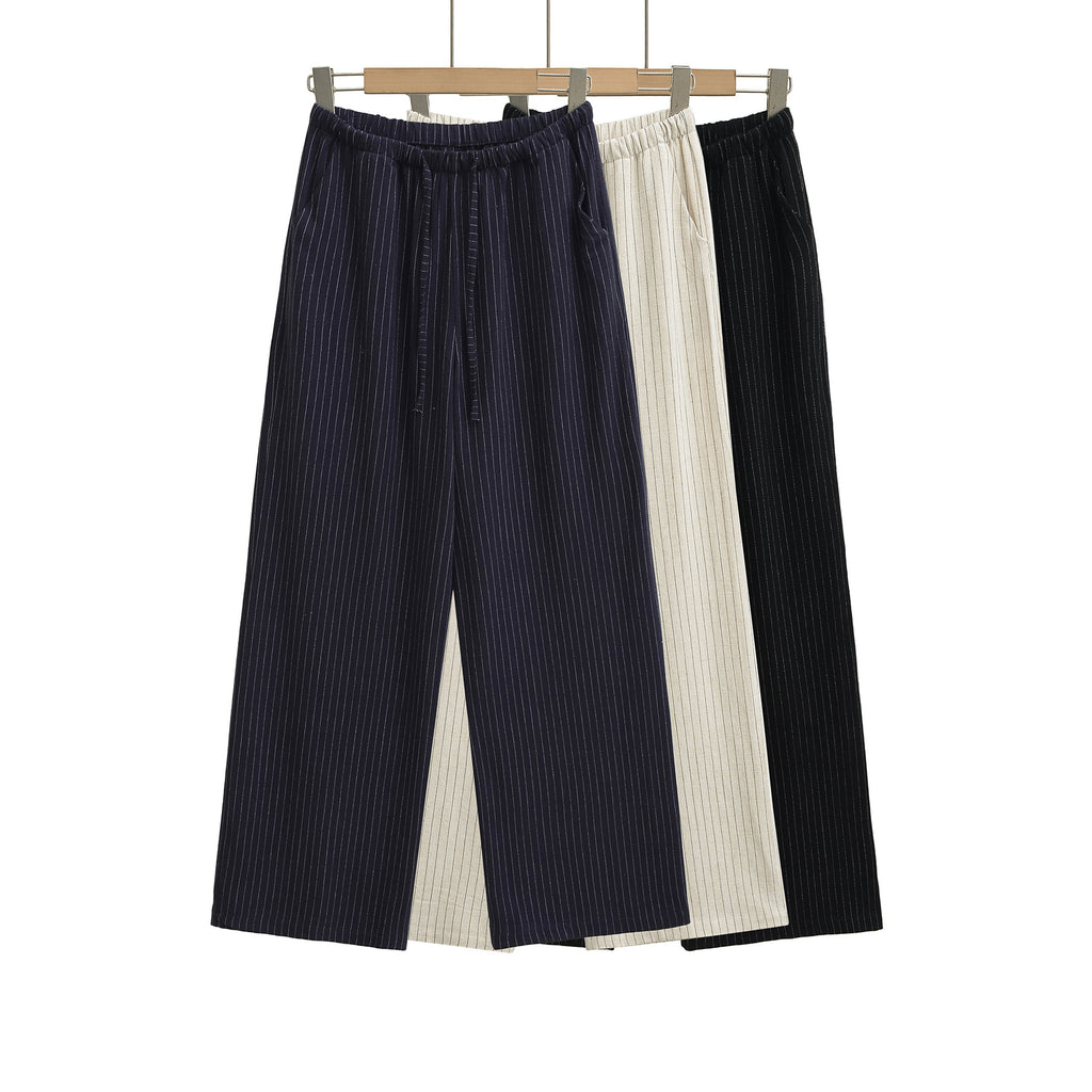 Casual Striped Drawstring Pants for Women Summer Loose Cotton Linen Straight Leg Relaxed Wide Leg Floor-Length Trousers