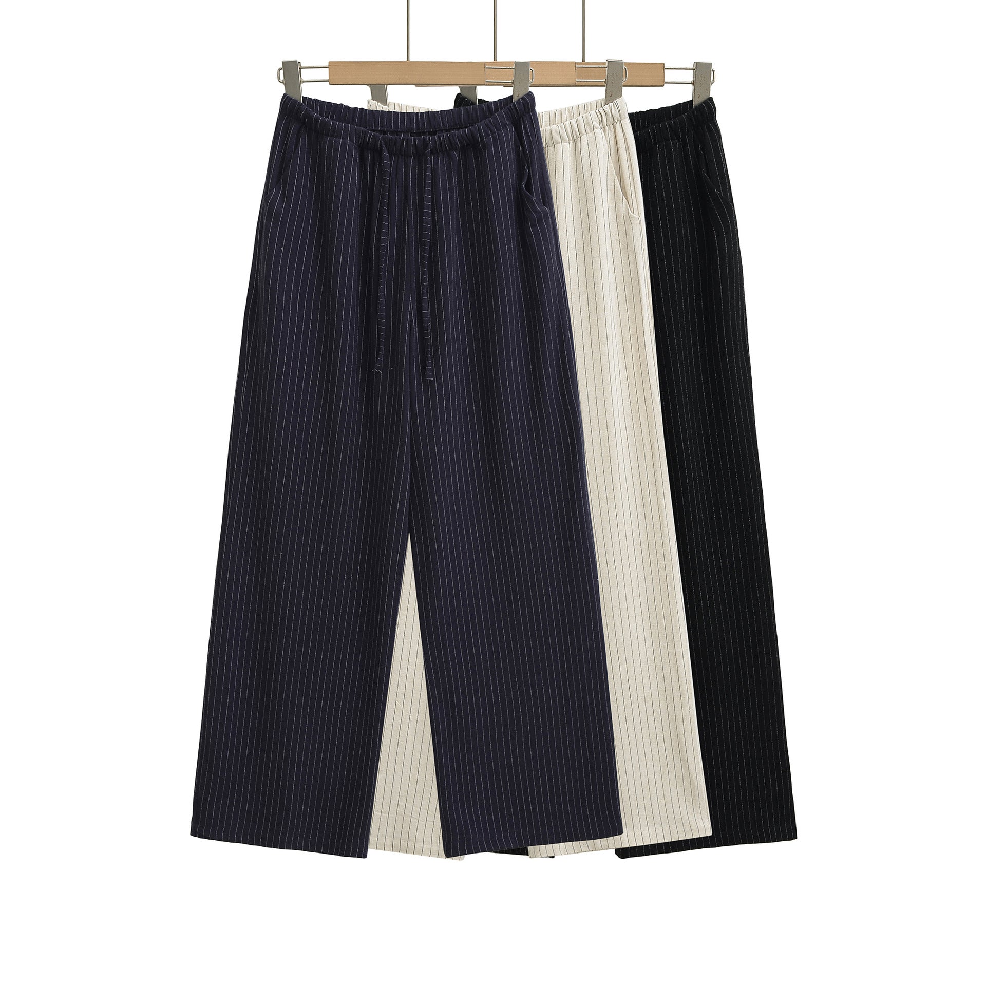 Casual Striped Drawstring Pants for Women Summer Loose Cotton Linen Straight Leg Relaxed Wide Leg Floor-Length Trousers