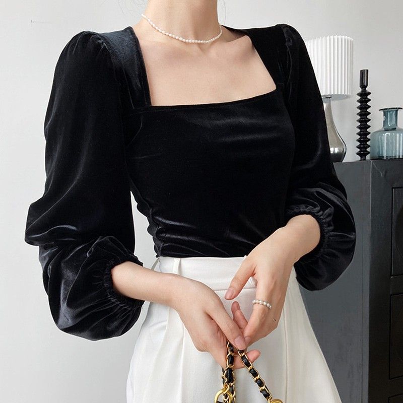 Style Off-Shoulder Fitted Black Square Neck Bubble Sleeve Velvet Blouse Women's Royal Style Long Sleeve Top