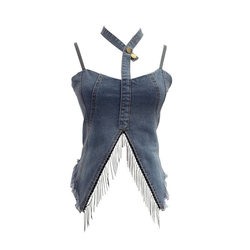 Hanging neck slim fit tassel irregular sleeveless top