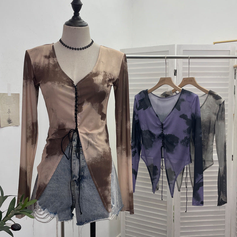 V-neck lace up hollow irregular long sleeved T-shirt top