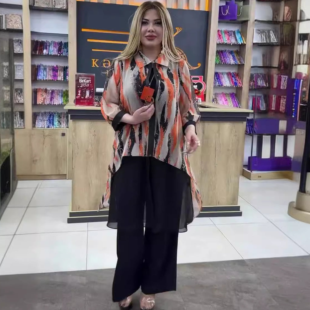 Printed seven quarter sleeve zipper cardigan with tailcoat and slit chiffon shirt