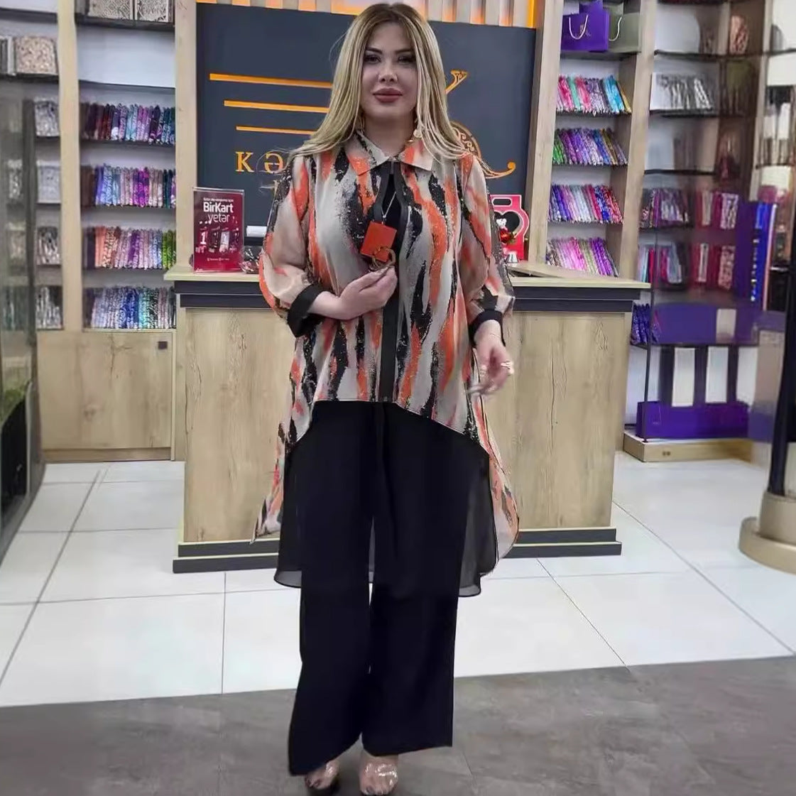 Printed seven quarter sleeve zipper cardigan with tailcoat and slit chiffon shirt