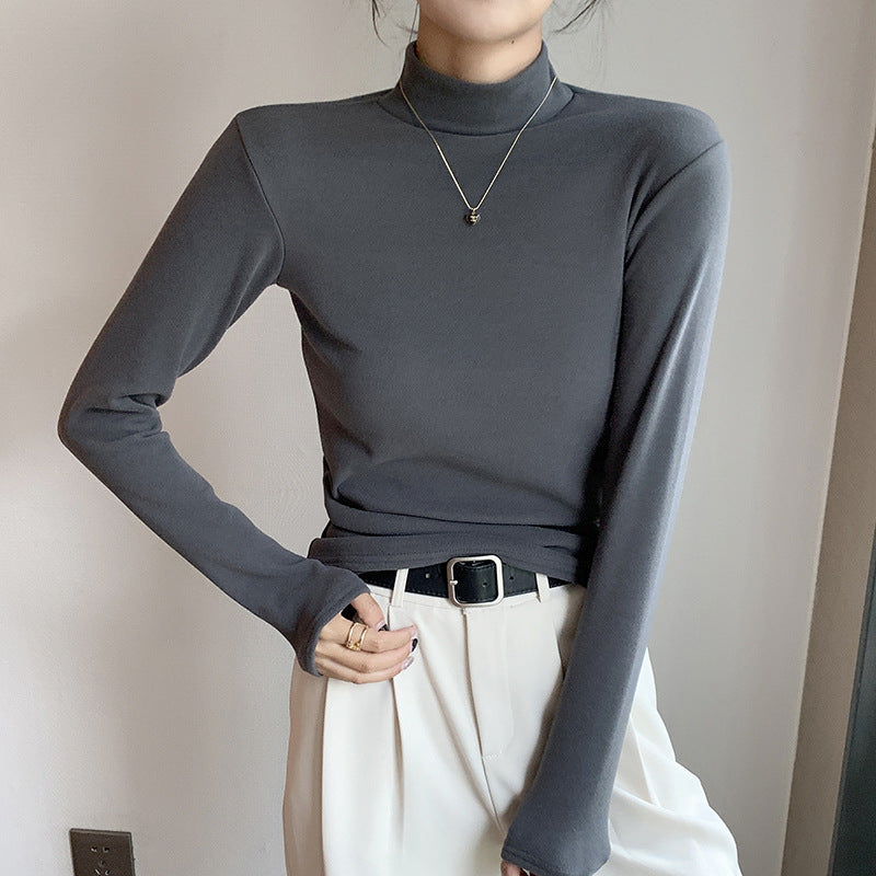 Half high collar and plush thick warm long sleeved top