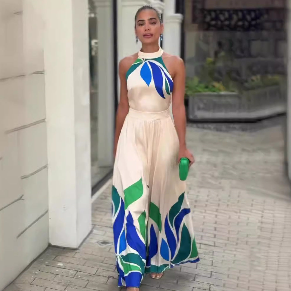 Printed sexy revealing sleeveless flared shorts jumpsuit