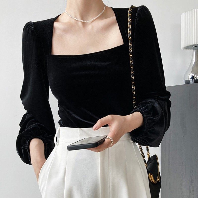 Style Off-Shoulder Fitted Black Square Neck Bubble Sleeve Velvet Blouse Women's Royal Style Long Sleeve Top