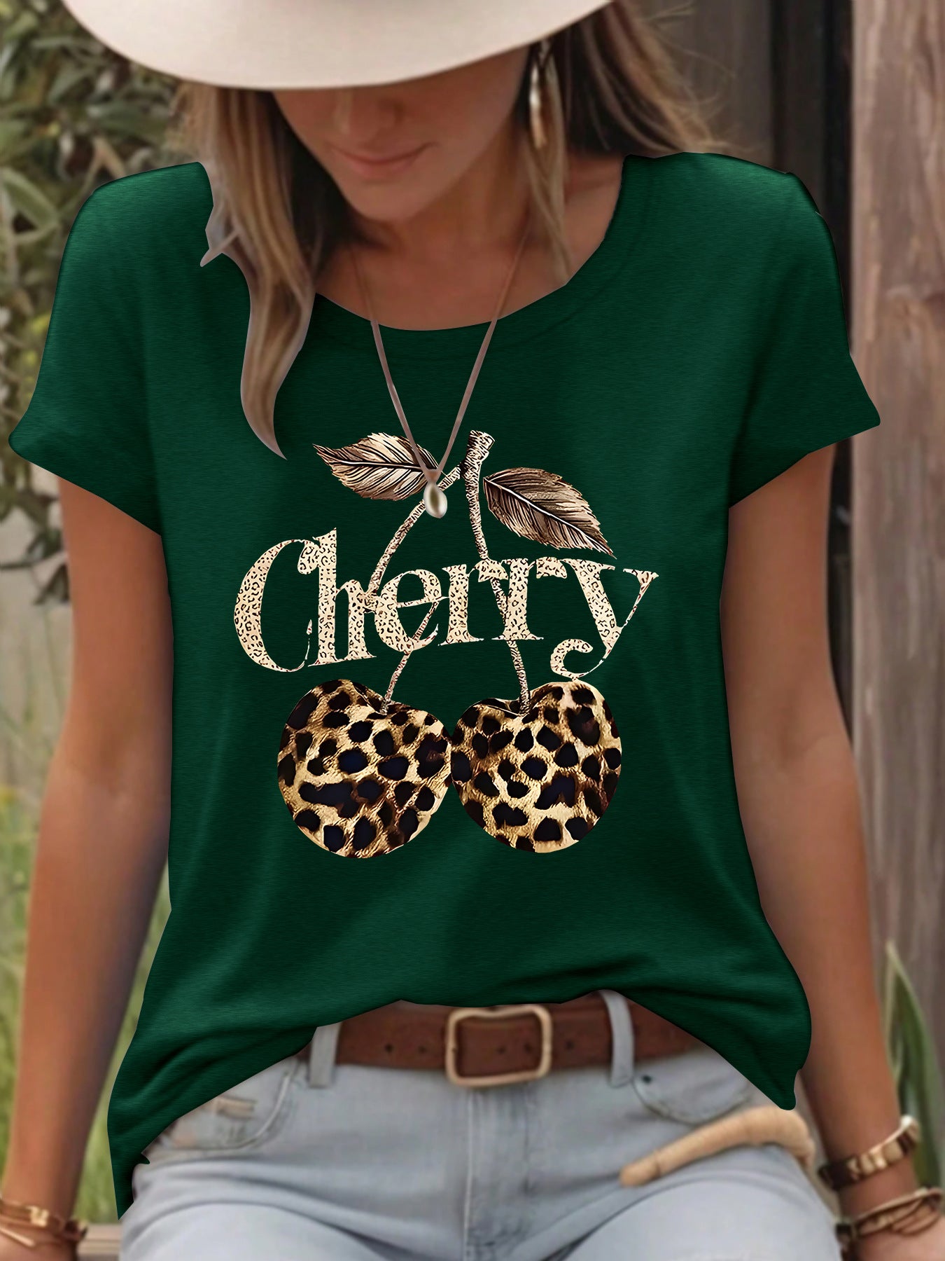 T-shirt short sleeved women's Cherry leopard print cherry round neck