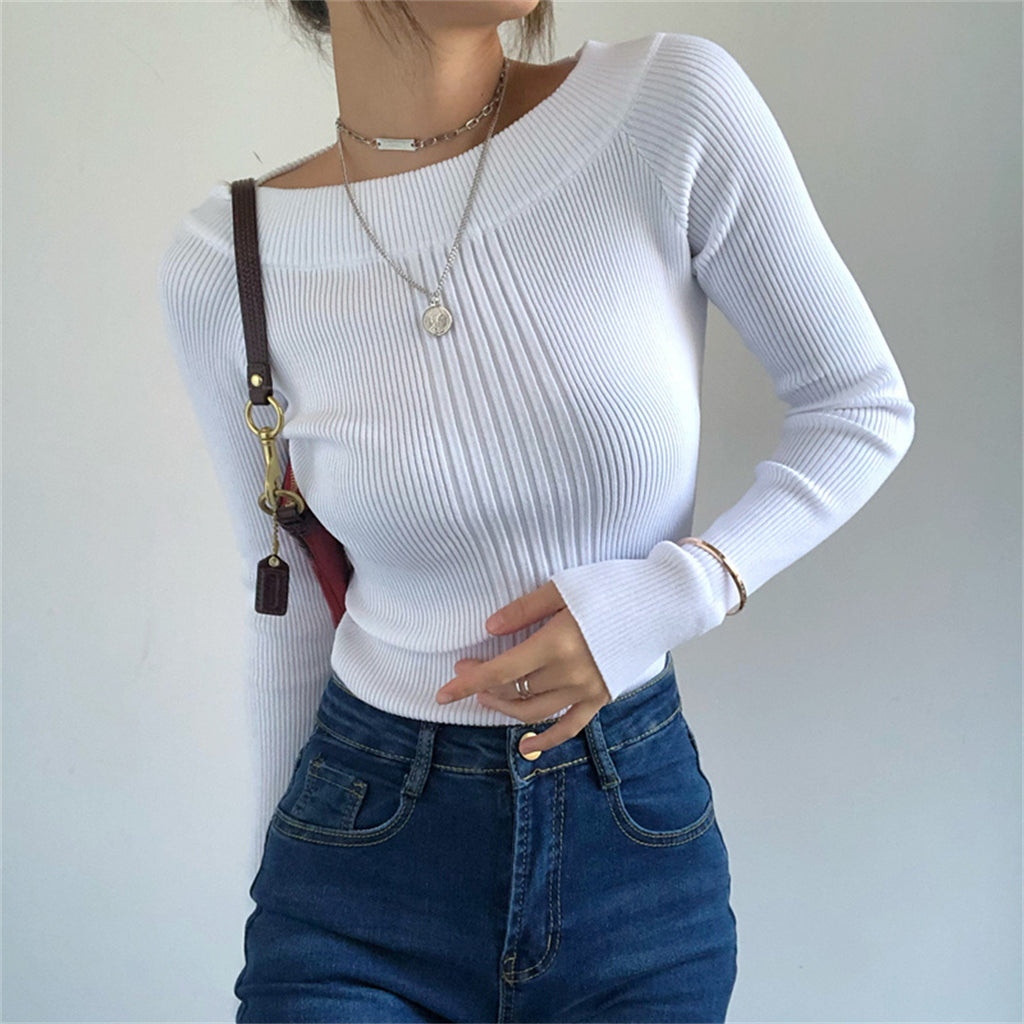 Solid Color  Long Sleeve Off-Shoulder Fitted  Casual, Elastic